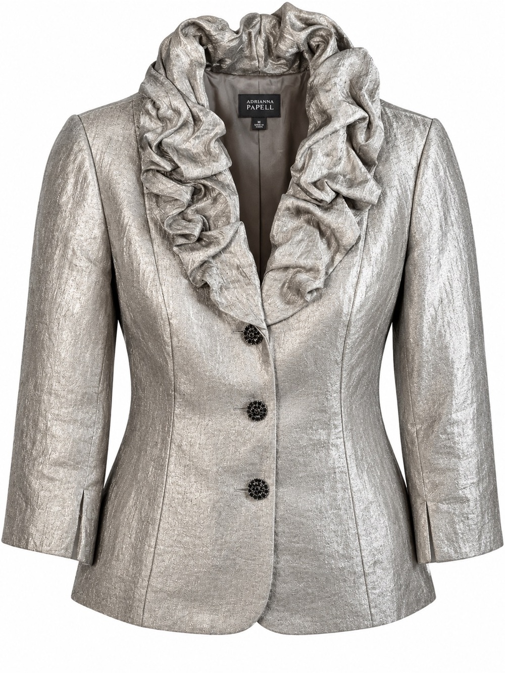 Adrianna Papell Metallic Silver Ruffle Collar Blazer